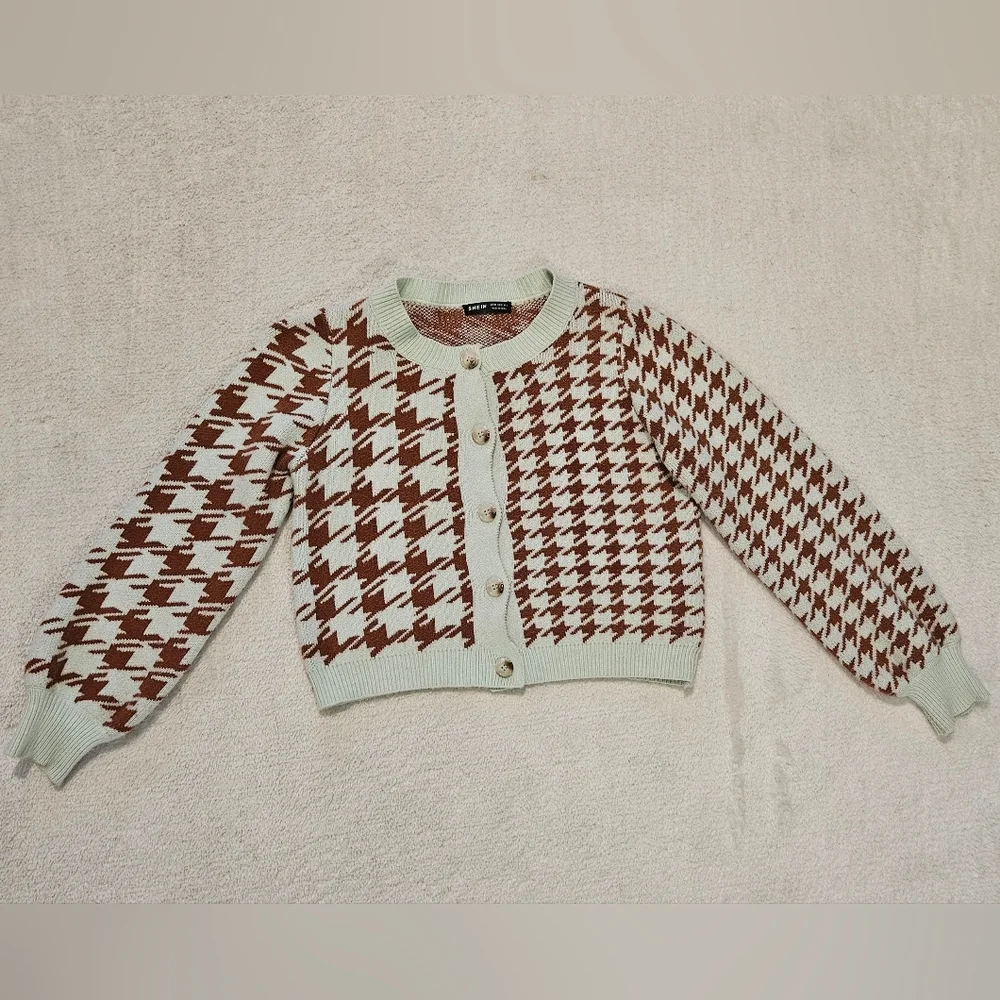 Cropped Cardigan Sweater Mint Blue Brown Size M Preppy Girlhoodcore Feminine - Picture 2 of 7